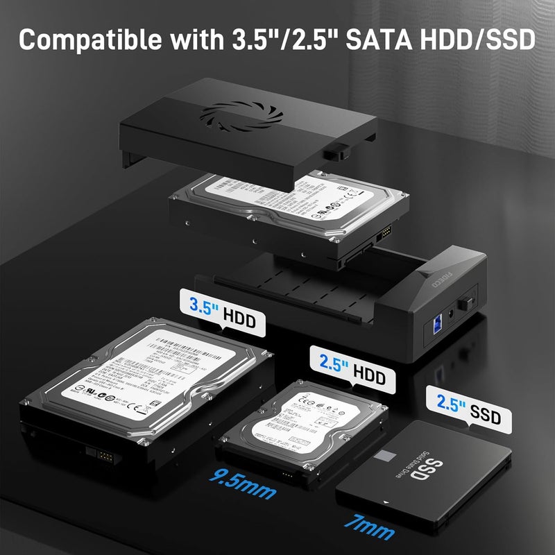 FIDECO Hard Drive Enclosure for 3.5 or 2.5 inch SATA HDD SSD, SATA to USB Adapter with Cooling Fan, External HDD Enclosure with 12V Power Adapter, Support UASP, Tool-Free, Plug and Play - Image 4